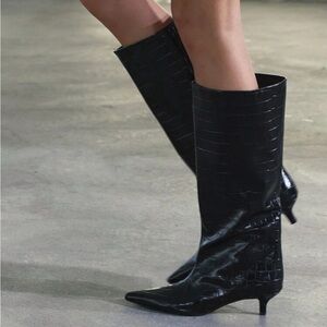 Black Croc-Embossed Knee-High Boots